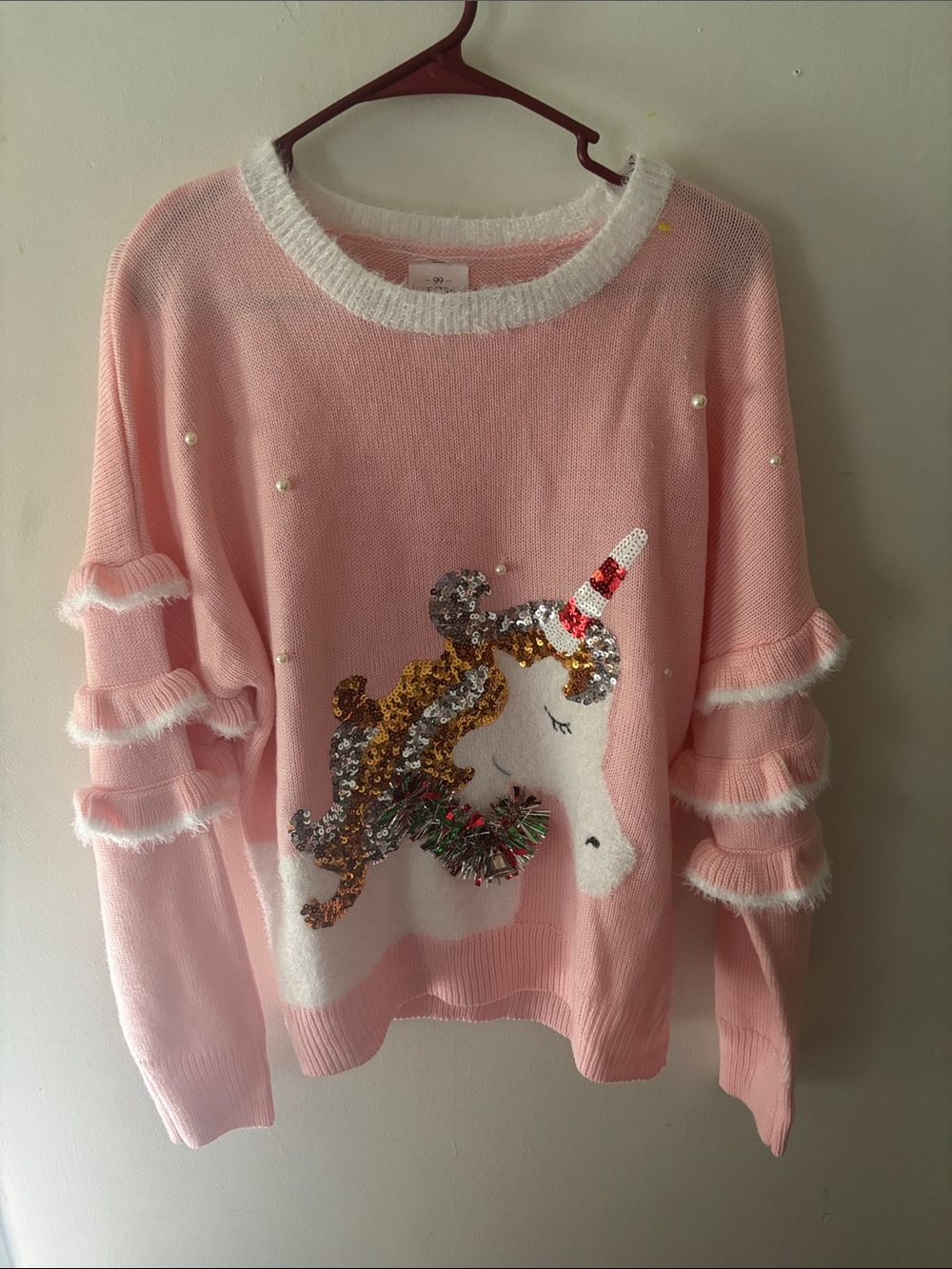 99 Jane Street Pink Sequin Unicorn Ugly Christmas Sweater Sz L